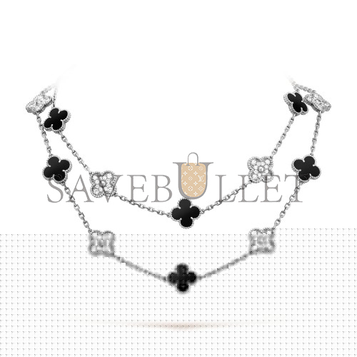 v*n cl*f arpels vintage alhambra long necklace, 20 motifs - white gold, Di*m*nd, onyx  vcarp2r800