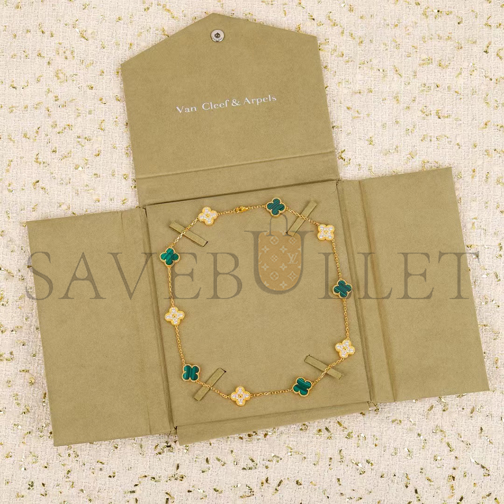 V*N CL*F arpels vintage alhambra necklace, 10 motifs - yellow gold, diamond, malachite  vcaro9j400