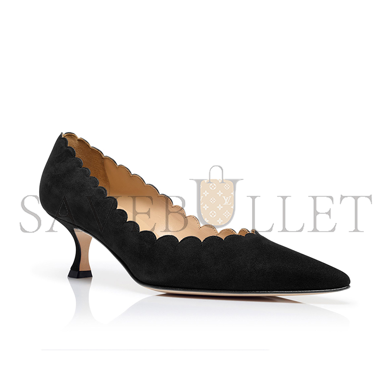 MANOLO BLAHNIK SRILASCA BLACK SUEDE SCALLOPED PUMPS 120-1218-0002