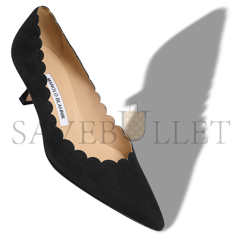 MANOLO BLAHNIK SRILASCA BLACK SUEDE SCALLOPED PUMPS 120-1218-0002