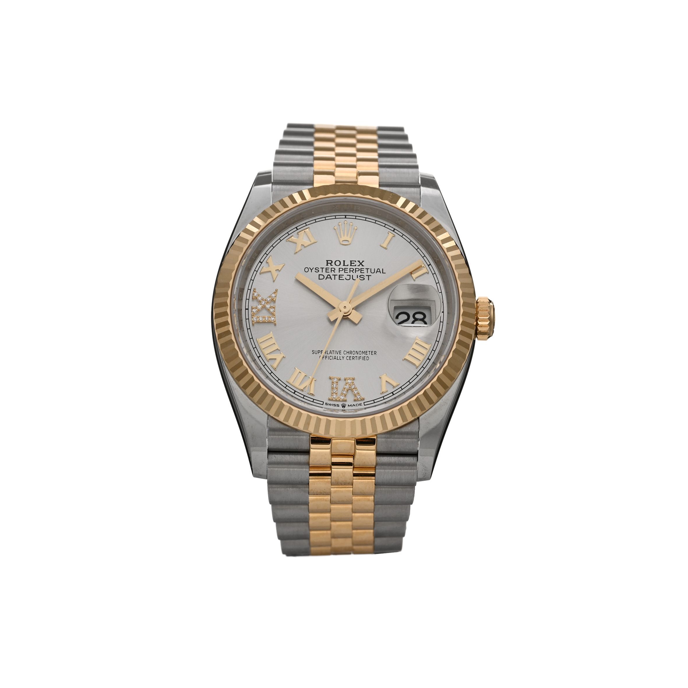 R*l*x stainless steel 18k yellow gold diamond 36mm oyster perpetual datejust watch silver roman 126233